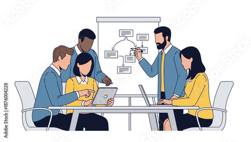 Illustration of a diverse business team collaborating around a table with laptops and a flowchart on a whiteboard in the background with a professional and productive mood.