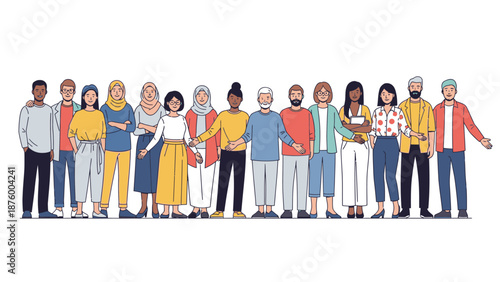 Diverse group of people standing together in a line with various casual clothing and accessories on a plain white background.