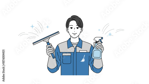 Illustration of a smiling young man holding a squeegee and spray bottle, wearing a blue uniform, against a clean white background with a professional and service-oriented mood.