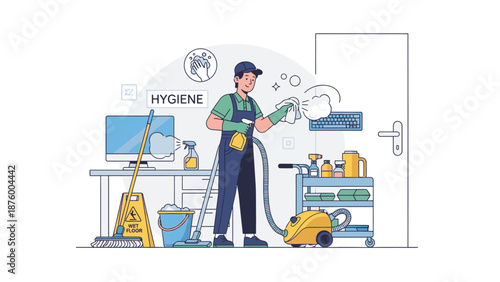 A man in a green shirt and blue overalls spraying a cleaning solution in an office with various cleaning supplies and a computer on a desk in the background with a shallow depth of field.