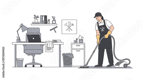 An illustration of a man in a uniform vacuuming an office floor with a desk, chair, and computer in the background.