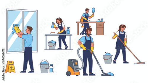 Illustration of cleaning staff in uniform performing various cleaning tasks with equipment and supplies on a white background.