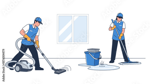 Two janitors cleaning a floor with a vacuum and mop in a simple room with a window.