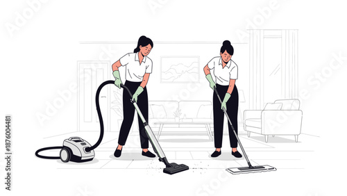 Two women cleaning a floor with vacuum cleaners and mops in a house interior with a minimalist background.