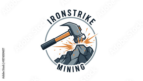 Ironstrike Mining Logo with Hammer and Rocks.