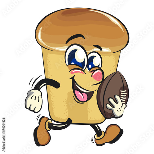 cute rum baba cake cartoon mascot character playing rugby and american football, vector illustration, work of hand drawn