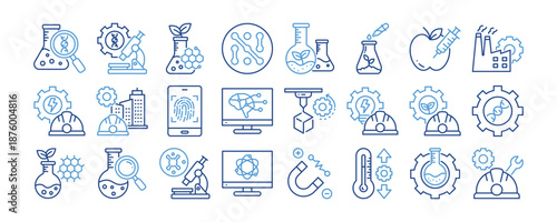 Science and Engineering icon collection set. Containing design Scientific, Biomedical Engineering, Biotechnology, Nanotechnology, Environmental Science 