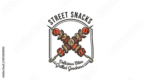 Street Snacks Logo with Skewered Meat Illustration.