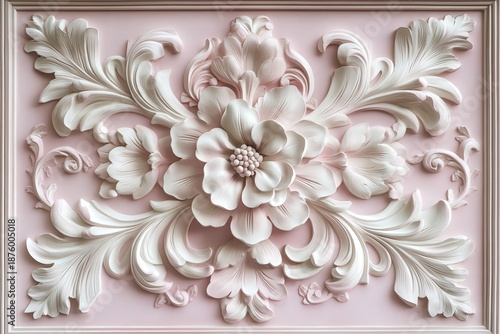 Ornate three dimensional floral carving embellishes a pale pink architectural panel