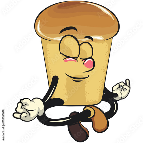 cute rum baba cake cartoon mascot character meditating, vector illustration, work of hand drawn