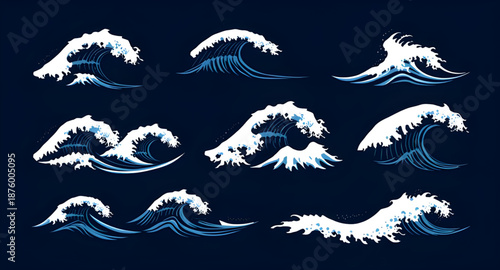 waves, sea, ocean, water, vector, icon, icons, set, illustration, symbol, sign, graphic, design, flat, simple, minimal, outline, solid, blue, marine, nautical, beach, coast, seaside, surf, ripple, spl