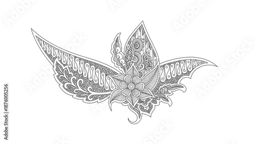 A detailed grayscale illustration of a stylized bat with ornate wing patterns and a flower-like body on a plain white background.