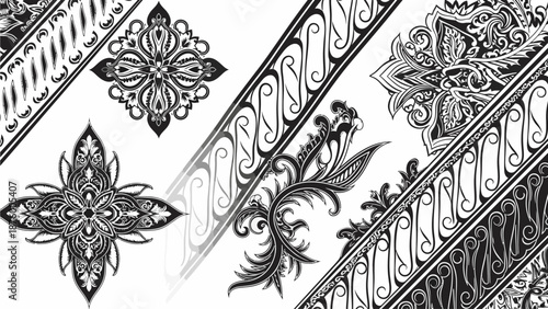 Collection of intricate black and white ornamental designs on a white background with floral patterns and borders in a flat lay composition.