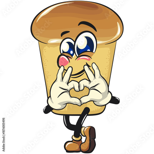 cute rum baba cake cartoon mascot character is giving a sign of love with finger, vector illustration, work of hand drawn