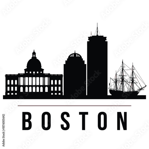 Boston city skyline with historic buildings and a ship