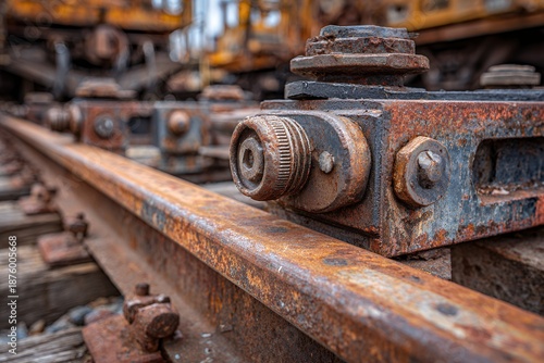 Close up of massive rusty railroad switch mechanism