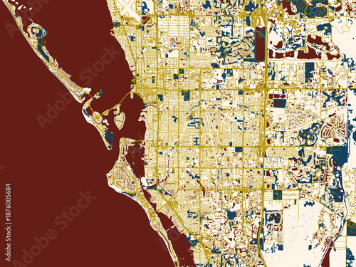 Quadro su tela Abstract city map of Sarasota, Florida with cream map with gold lines