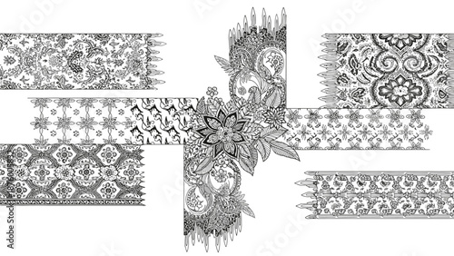 Black and white illustration of ornate, floral patterns arranged in a cross shape on a plain white background with intricate designs.