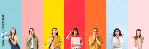 Set of many surprised people on color background