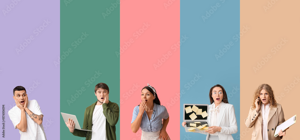 Fototapeta premium Set of many surprised people on color background