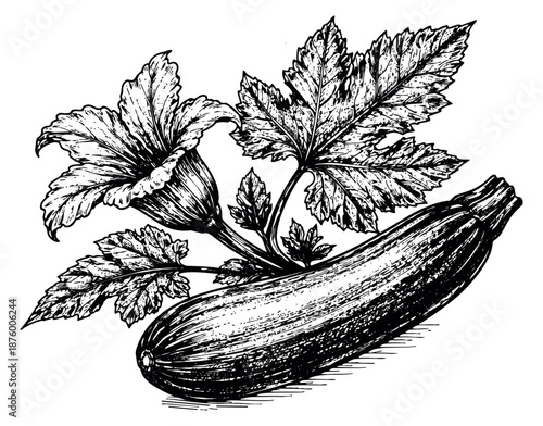 Hand drawn line art illustration of a zucchini depicting its flower and leaves for agriculture and culinary design