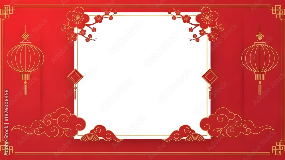 Obraz premium Elegant Lunar New Year template with red lanterns, plum blossoms, and auspicious clouds surrounding a white central square frame for customized content.