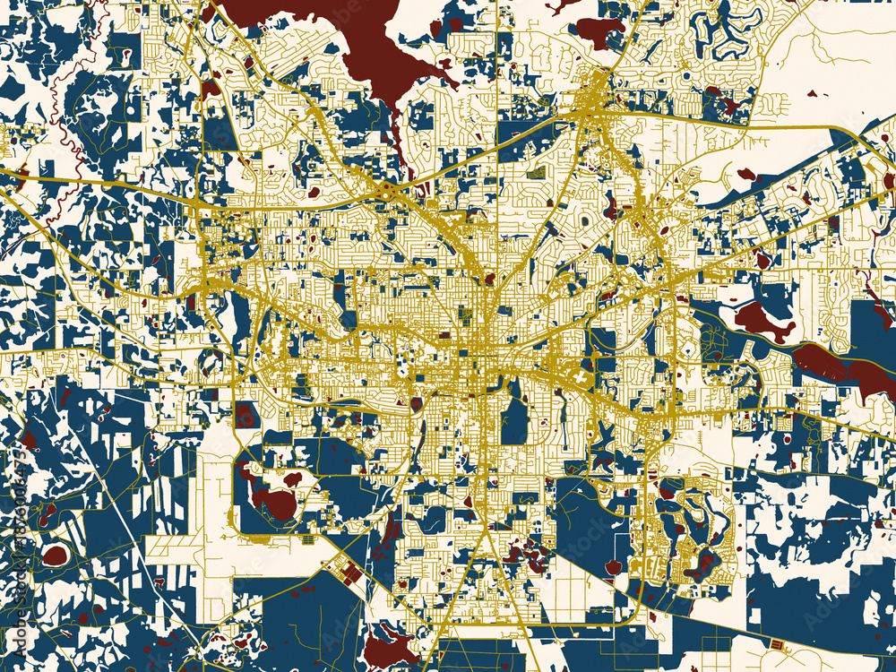 Fototapeta premium Poster-style map of Tallahassee, Florida using midnight red and gold palette