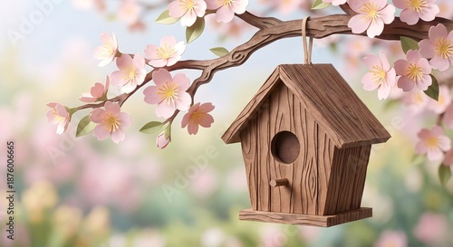 Paper cut-out composition of a birdhouse on a flowering cherry tree branch, spring nesting and new home beginning concept, 3d papercraft art