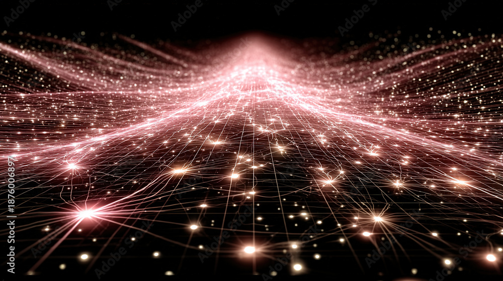 Obraz premium Digital network with interconnected glowing points forming a wave pattern.
