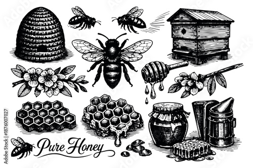 Hand drawn line art beekeeping elements set featuring bees, honeycombs, beehives, honey dipper, and blossoms for honey products and nature