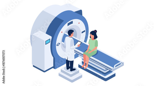 An isometric illustration shows a male doctor holding a tablet and a female patient sitting on the sliding bed of a large blue and white MRI or CT scanner machine in a modern medical setting
