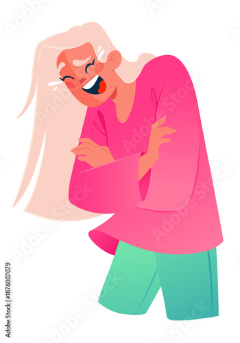 Girl laughing to tears, laughter is so strong that she is holding her stomach and even bending over a little. Concept of expressing emotions, body language, vector illustration drawn in full by hand 