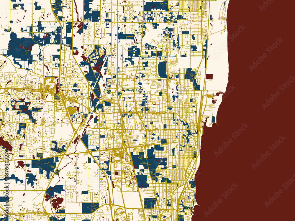 Naklejka premium Modern graphic street map of Waukegan, Illinois, with warm gold street grid over a cream background with bold deep-red water areas