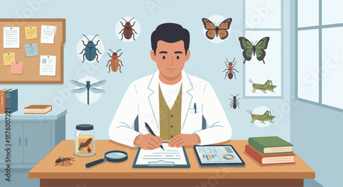 Insect Scientist Recording Data
A flat vector illustration of an insect scientist writing notes or recording data on a clipboard or tablet. Insect icons appear around. 