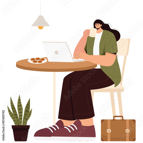 Remote Working Illustration. Vector illustration of Woman working remotely on laptop at cafe table while drinking coffee in a cozy modern environment. Isolated on background