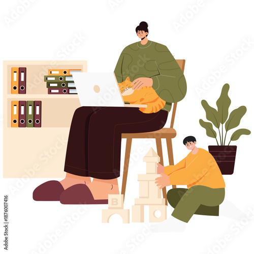 Remote Working Illustration. Vector illustration of Woman working from home on laptop while caring for child, showing balance between family and remote work. Isolated on background