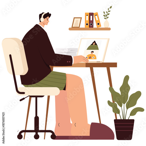 Remote Working Illustration. Vector illustration of Man attending online meeting from home office using laptop and headset in calm workspace. Isolated on background