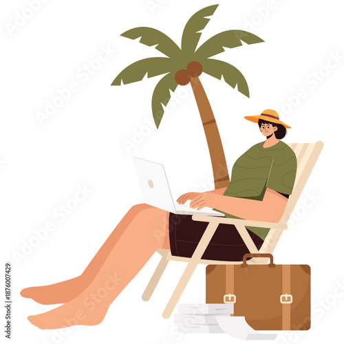 Remote Working Illustration. Vector illustration of Digital nomad working remotely with laptop while traveling and relaxing in tropical environment. Isolated on background