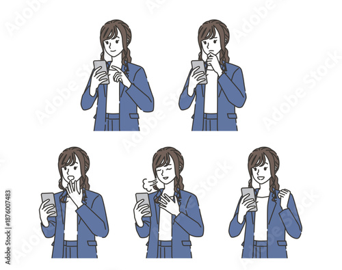 スマホを使うオフィスカジュアル女性の感情セット