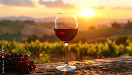 Golden light softly bathes rolling vineyard hills as a glass of deep ruby red wine and fresh grapes await, capturing the tranquil essence of a European sunset evening