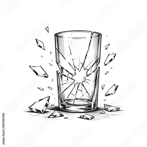 Glass that was shot and shattered. Black white vector illustration.