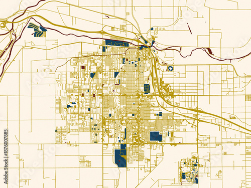 Urban map of Yuma, Arizona in a flat palette: deep-red water with clean ivory streets and warm gold road lines on a soft cream background