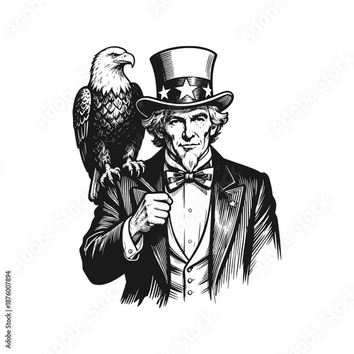 Uncle Sam with an eagle on his shoulder. Black white vector illustration.