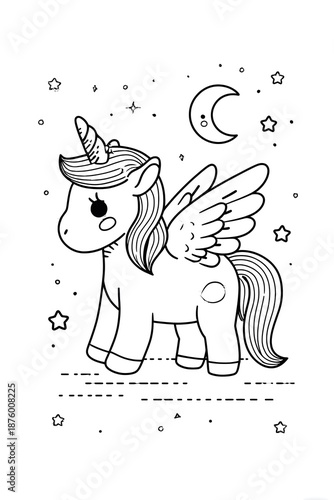 cute unicorn coloring page with wings, stars and moon – magical fantasy illustration for kids