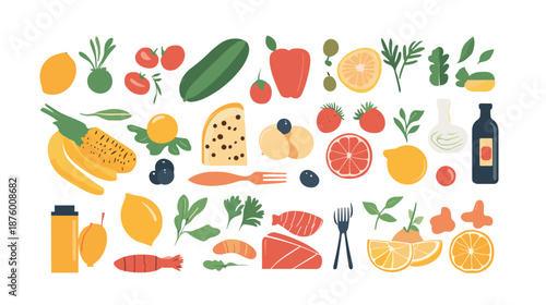 Assorted Fruits and Food Items Illustration.