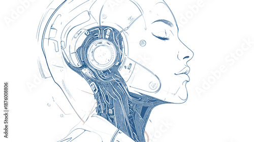 Cyborg Woman Profile Mechanical Head Illustration.