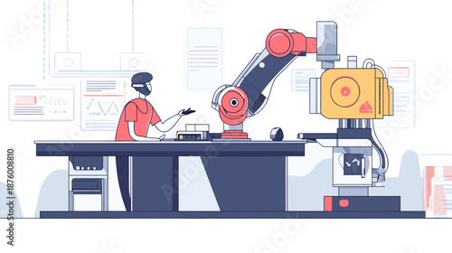 Engineer Operating Robotic Arm in Factory.