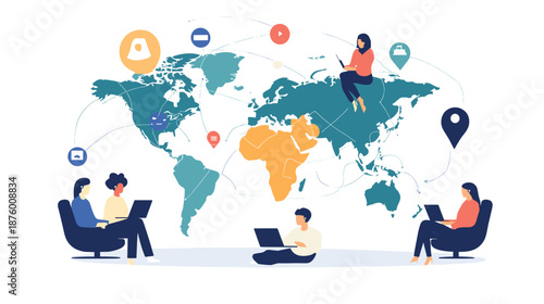 Global Team Working Remotely on Laptops.