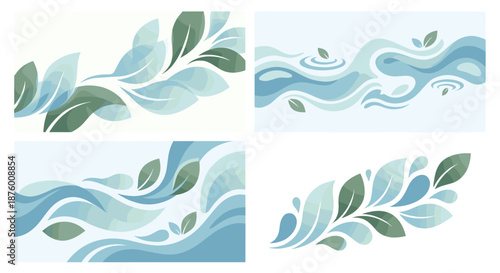 A serene illustration of leaves and waves in a harmonious blend of blue hues and gentle curves from a top-down viewpoint