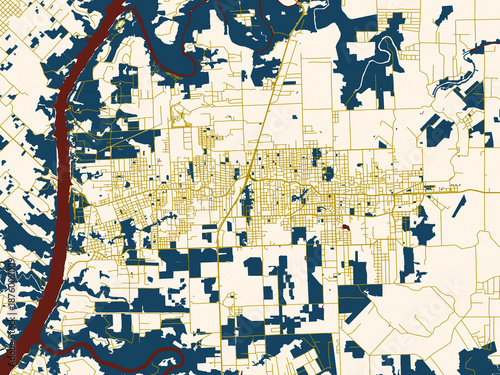 Fotografía Flat city map of Puerto Eldorado, Argentina in gold street network with deep red